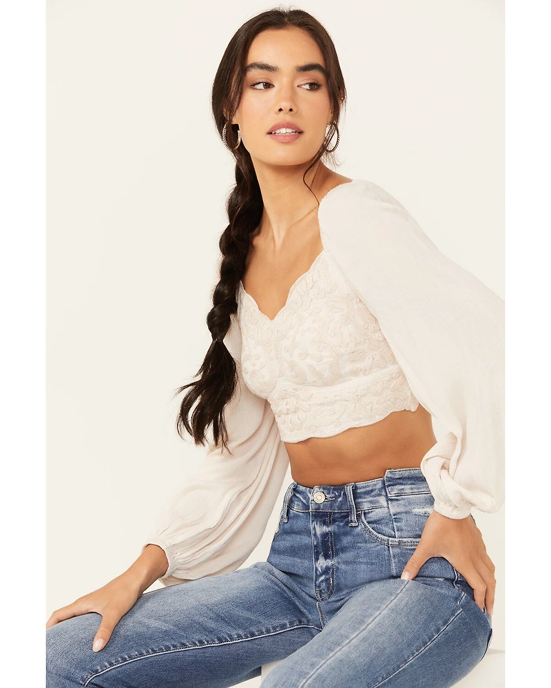 Shyanne Women's Embroidered Mesh Dot Poet Sleeve Crop Top
