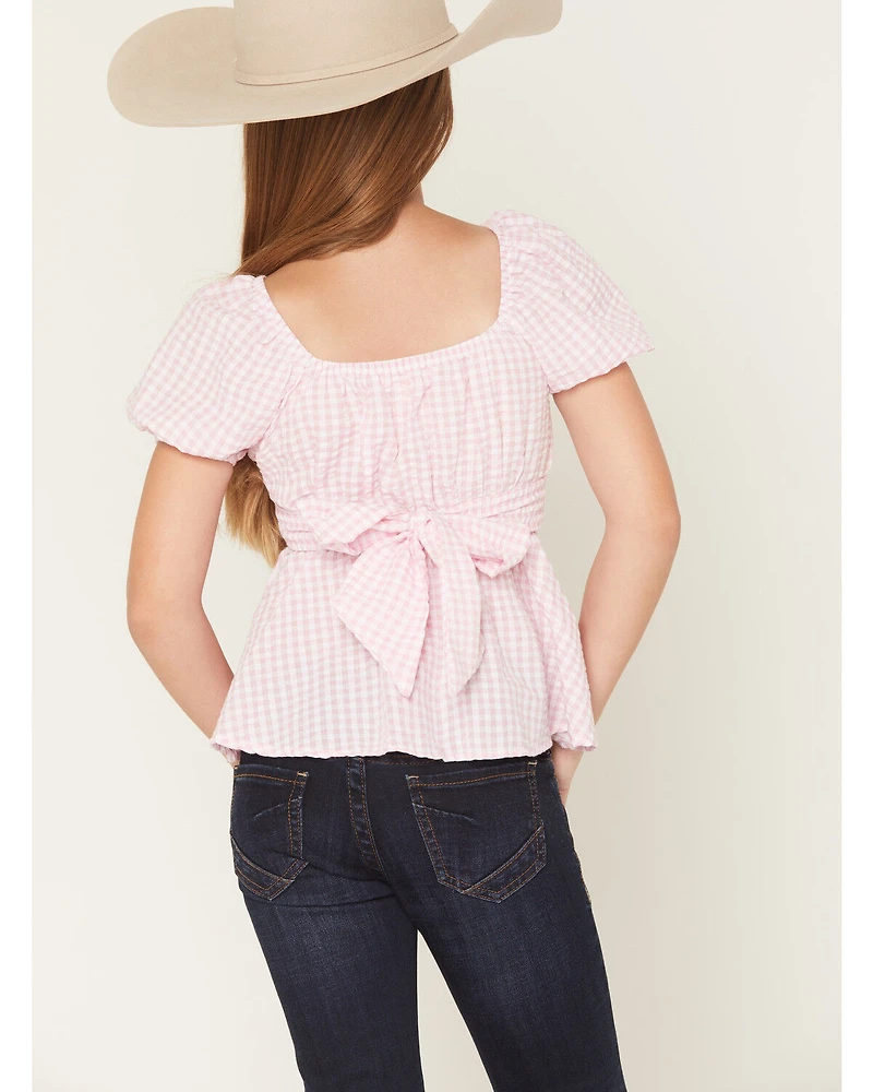 Originality Girls' Emma Gingham Short Puff Sleeve Ruffle Shirt