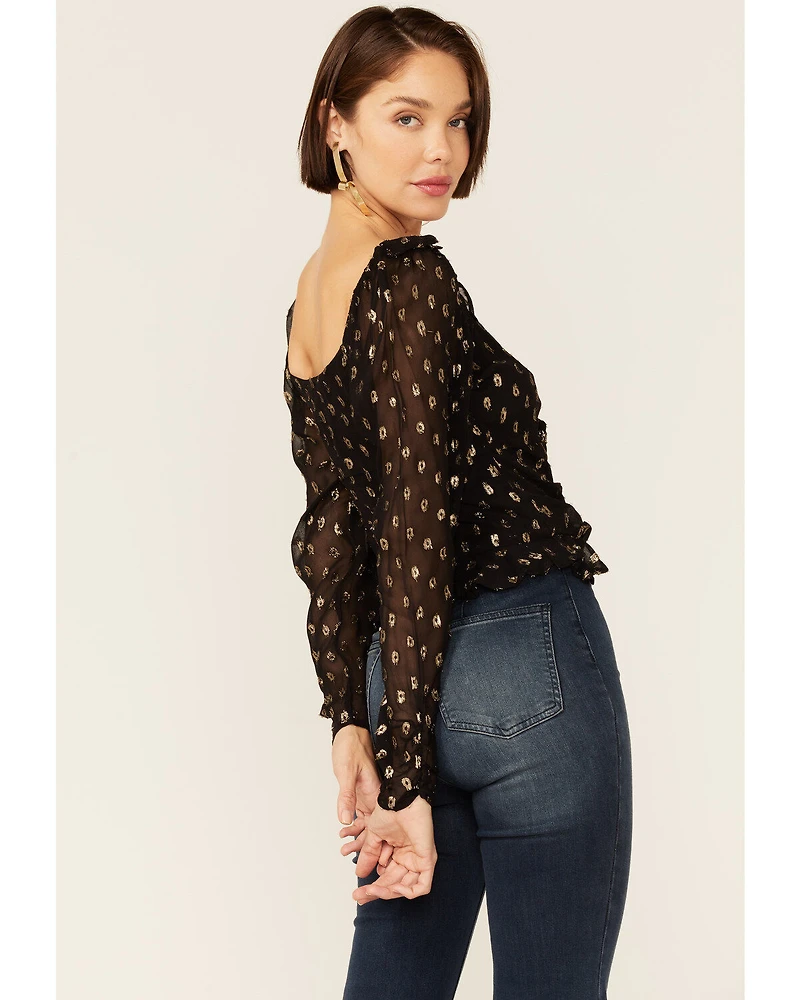 En Creme Women's Long Sleeve Foil Ruffle Blouse