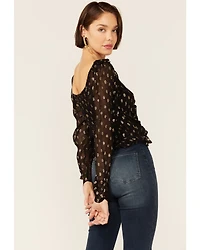 En Creme Women's Long Sleeve Foil Ruffle Blouse