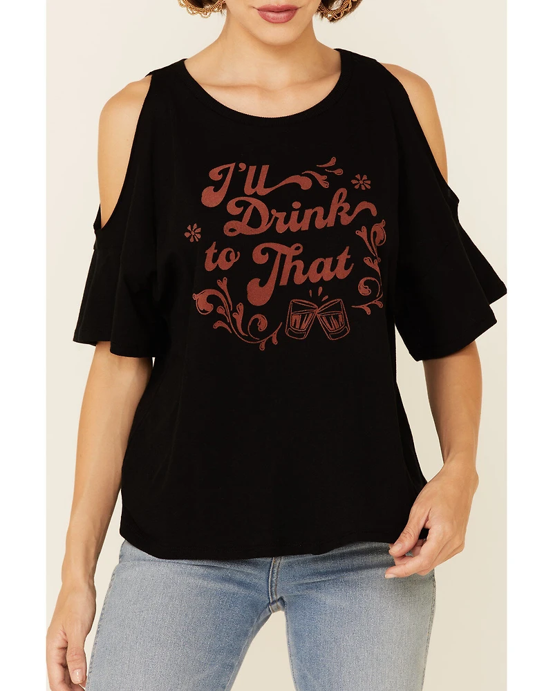 White Crow Women's I'll Drink To That Graphic Short Sleeve Cold Shoulder Top