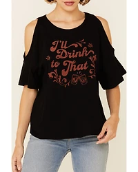White Crow Women's I'll Drink To That Graphic Short Sleeve Cold Shoulder Top