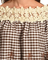 Young Essence Women's Off The Shoulder Embroidered Gingham Top