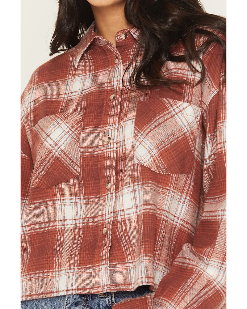 Ely Walker Women's Boot Barn Exclusive Plaid Print Long Sleeve Button-Down Cropped Flannel Shirt