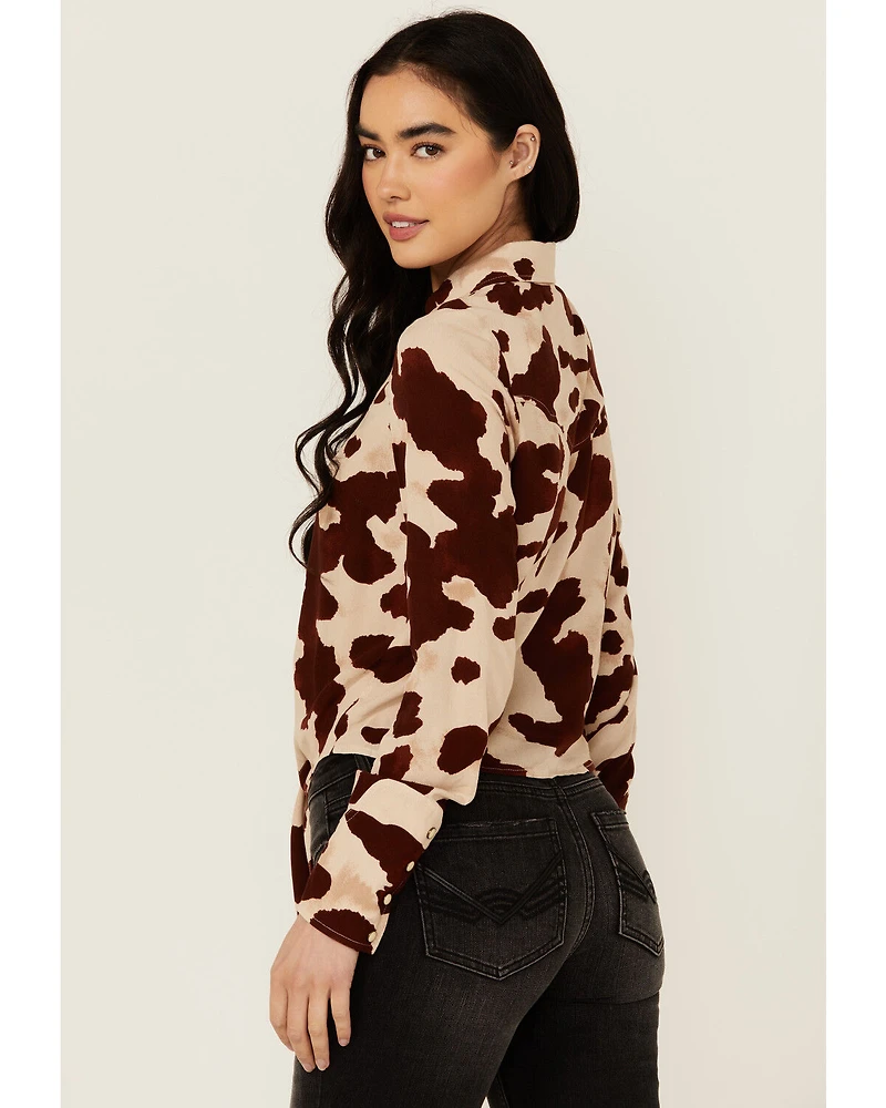 Idyllwind Women's Jeny Cow Print Long Sleeve Snap Tie-Front Western Shirt