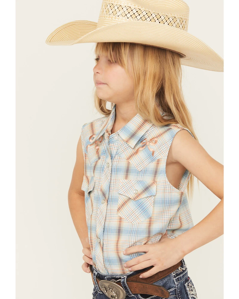 Ely Walker Girls' Plaid Print Sleeveless Snap Western Shirt