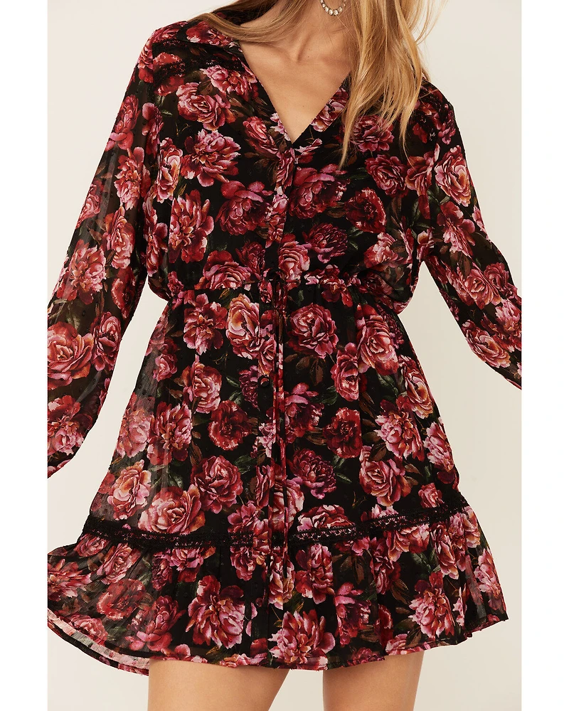 Lovestitch Women's Magenta Floral Lace Trim Mini Dress
