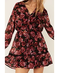 Lovestitch Women's Magenta Floral Lace Trim Mini Dress
