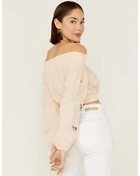 Shyanne Women's Floral Embroidered Off Shoulder Taupe Long Sleeve Crop Top