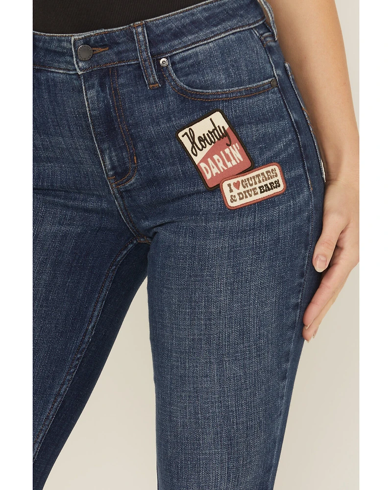 Idyllwind Women's Ellwood Dark Wash High Rise Patch Bootcut Super Stretch Denim Jeans