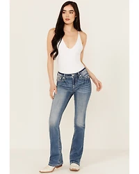 Miss Me Women's Medium Wash Mid Rise Wing Pocket 34" Bootcut Stretch Denim Jeans