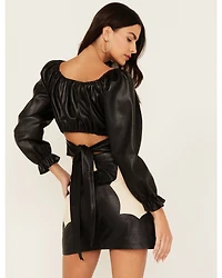 Beyond The Radar Women's Faux Leather Tie Back Crop Top