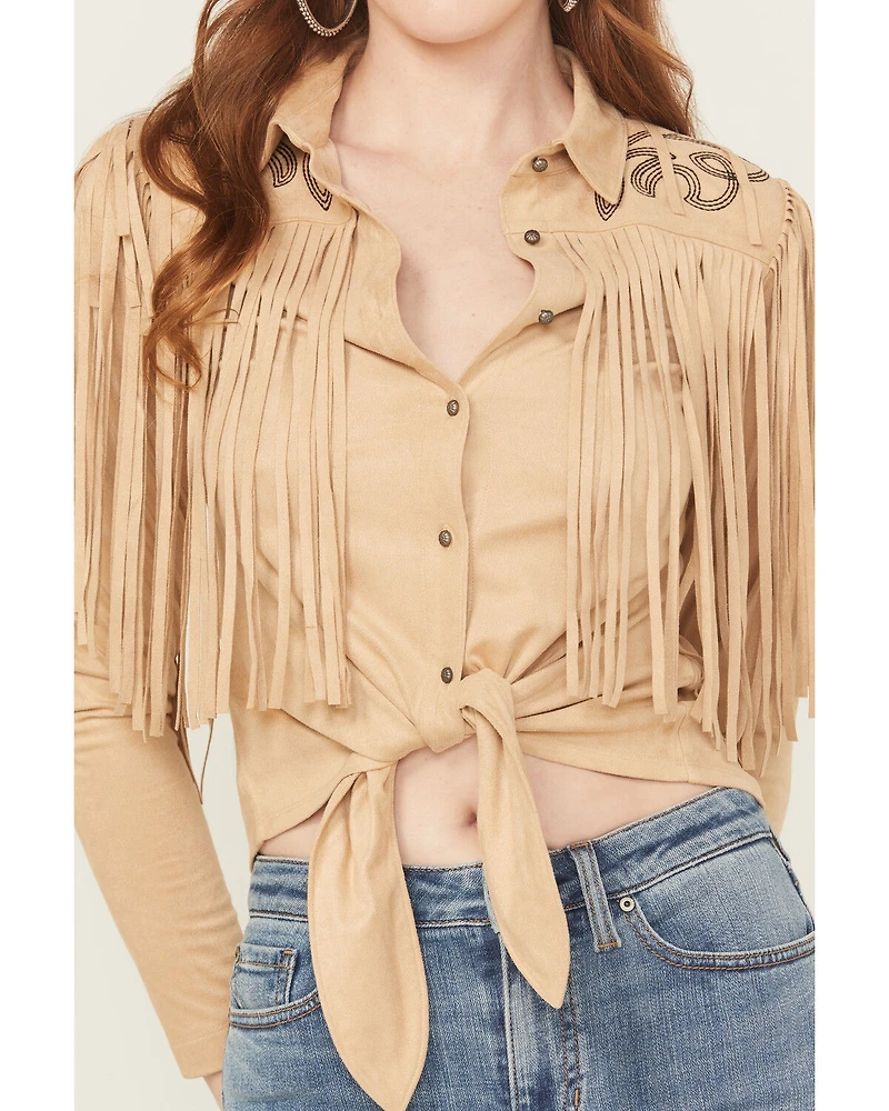 Idyllwind Women's McKinney Faux Suede Long Sleeve Fringe Top