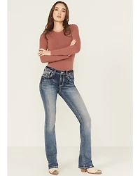 Grace LA Women's Medium Wash Mid Rise Embroidered Cross Bootcut Stretch Denim Jeans