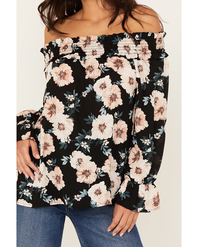 Wild Moss Women's Long Sleeve Off The Shoulder Floral Top