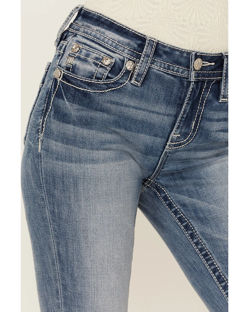 Miss Me Women's Medium Wash Mid Rise Americana Pocket 34" Bootcut Stretch Denim Jeans