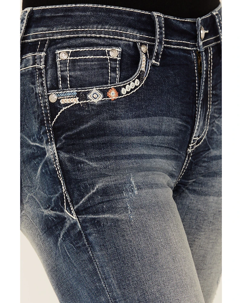 Grace LA Women's Medium Wash Geo Print Embroidered Mid Rise Bootcut Stretch Denim Jeans