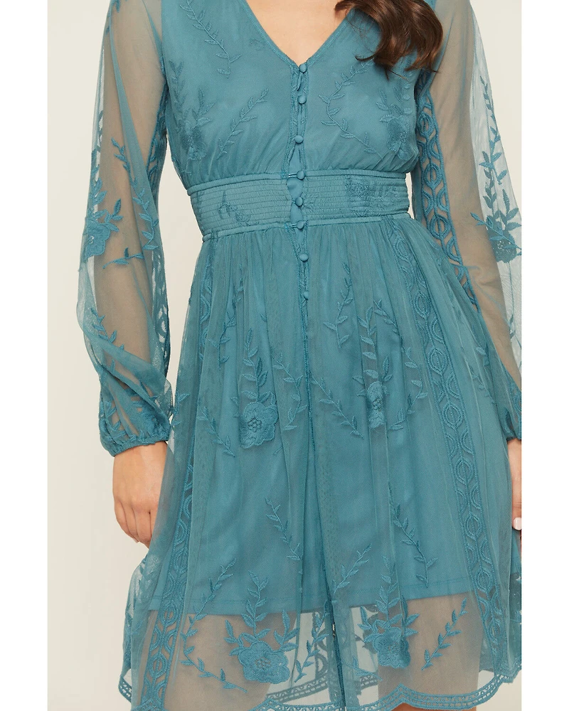 Shyanne Women's Embroidered Mesh Long Sleeve Button Front Mini Dress