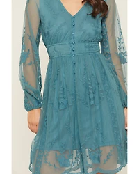 Shyanne Women's Embroidered Mesh Long Sleeve Button Front Mini Dress