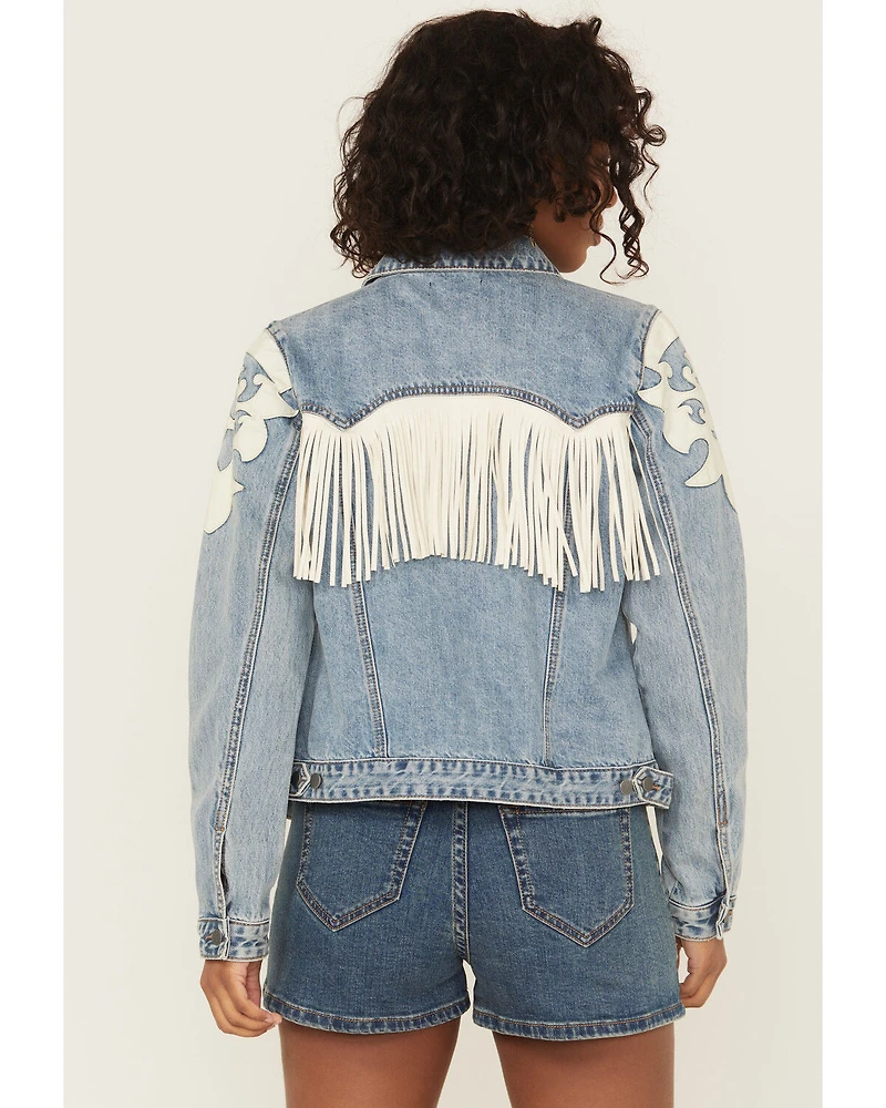 Rock & Roll Denim Women's Light Wash Pleather Fringe Jacket