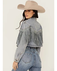 Veveret Women's Light Wash Studded Fringe Cropped Denim Jacket