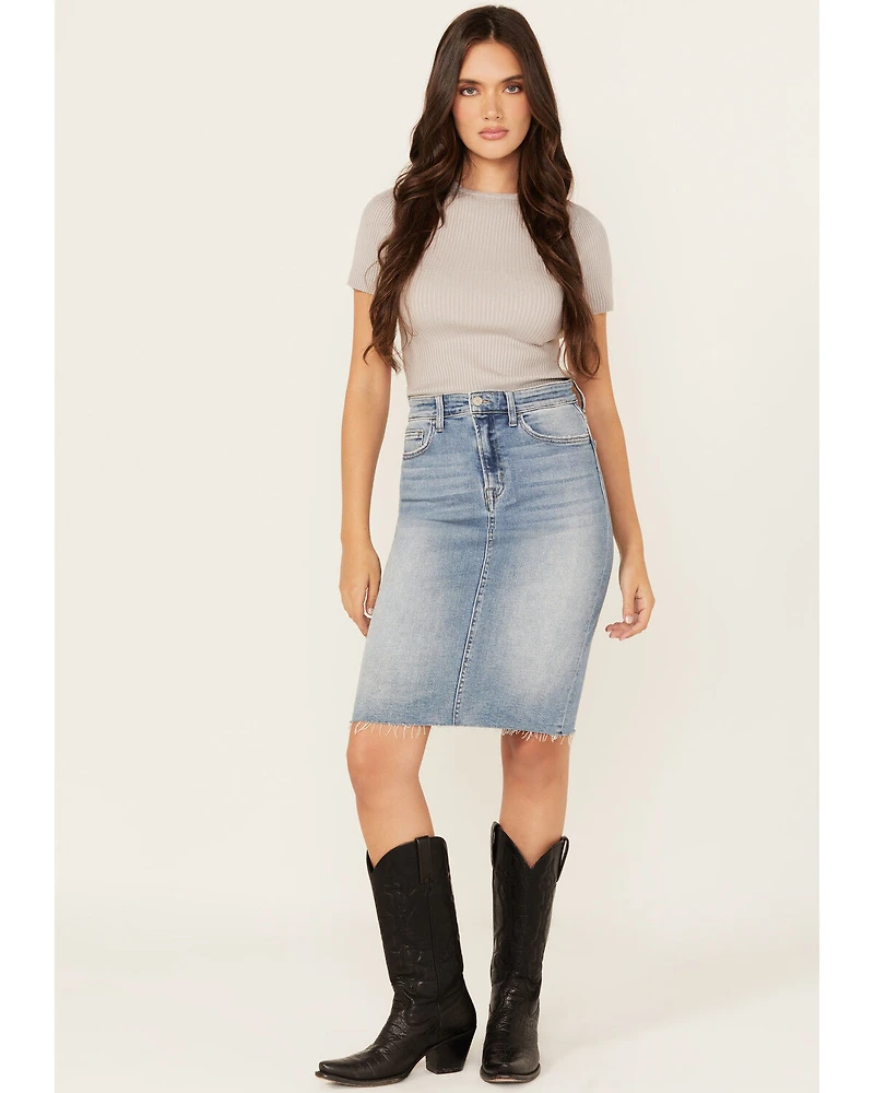 Flying Monkey Women's Raw Hem Medium Wash Denim Midi Skirt
