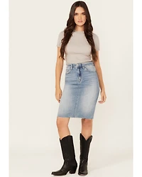 Flying Monkey Women's Raw Hem Medium Wash Denim Midi Skirt