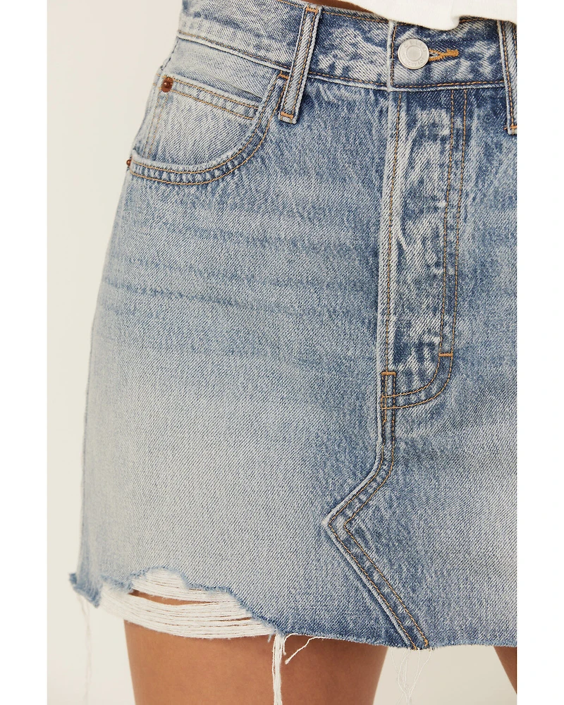 Cello Women's Medium Wash Mid Rise Denim Mini Skirt