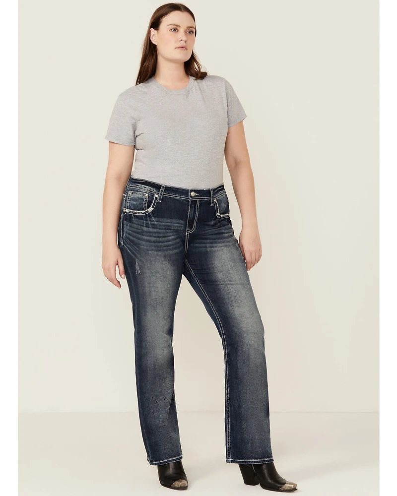Grace LA Women's Medium Wash Mid Rise Geo Pocket Stretch Bootcut Jeans - Plus