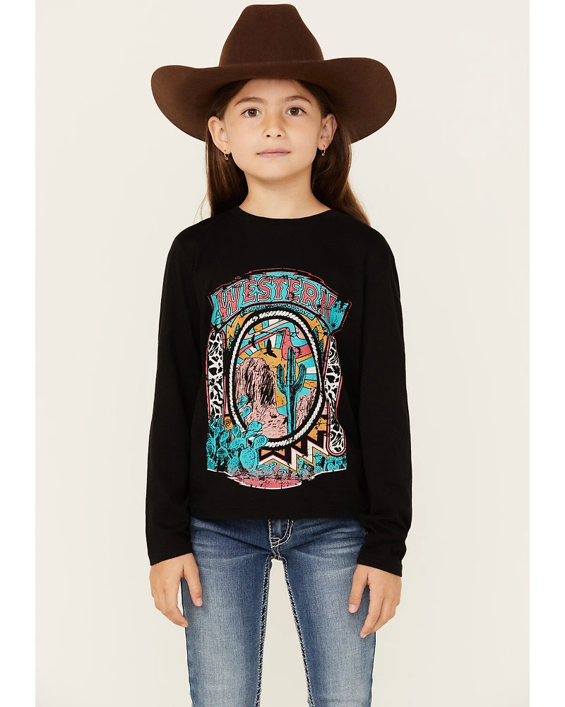 Rock & Roll Denim Girls' Western Cactus Long Sleeve Graphic Tee