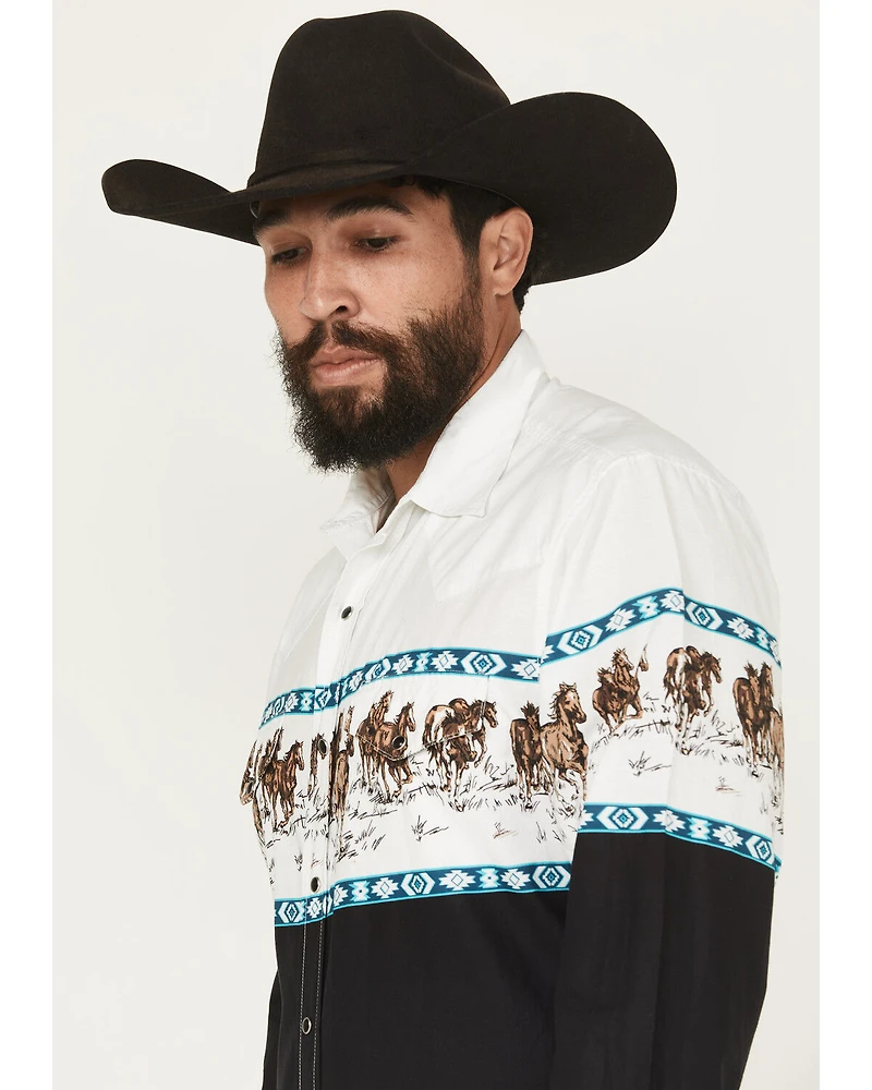Roper Men's Horse Border Print Long Sleeve Snap Western Shirt