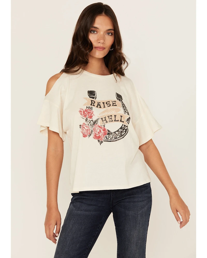White Crow Women's Raise Hell Cold Shoulder Short Sleeve Graphic Tee
