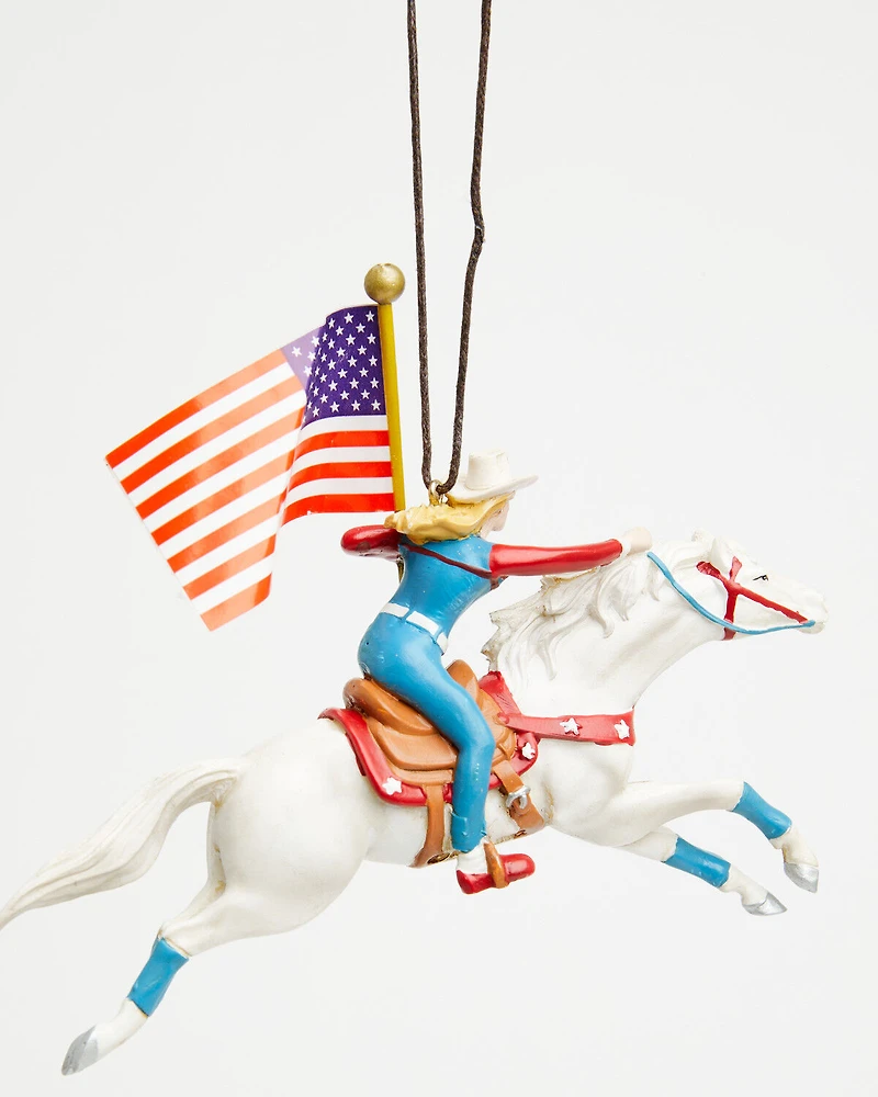 Kurt Adler Cowgirl Riding White Horse Patriotic Ornament