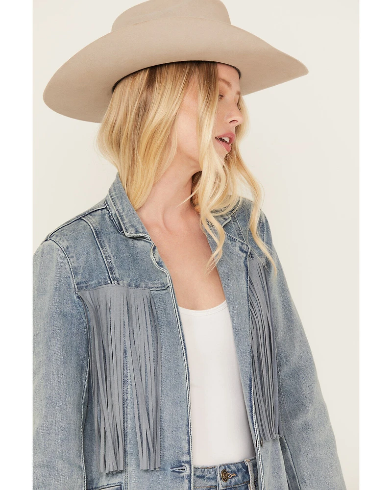Rock & Roll Denim Women's Light Wash Stretch Fringe Blazer