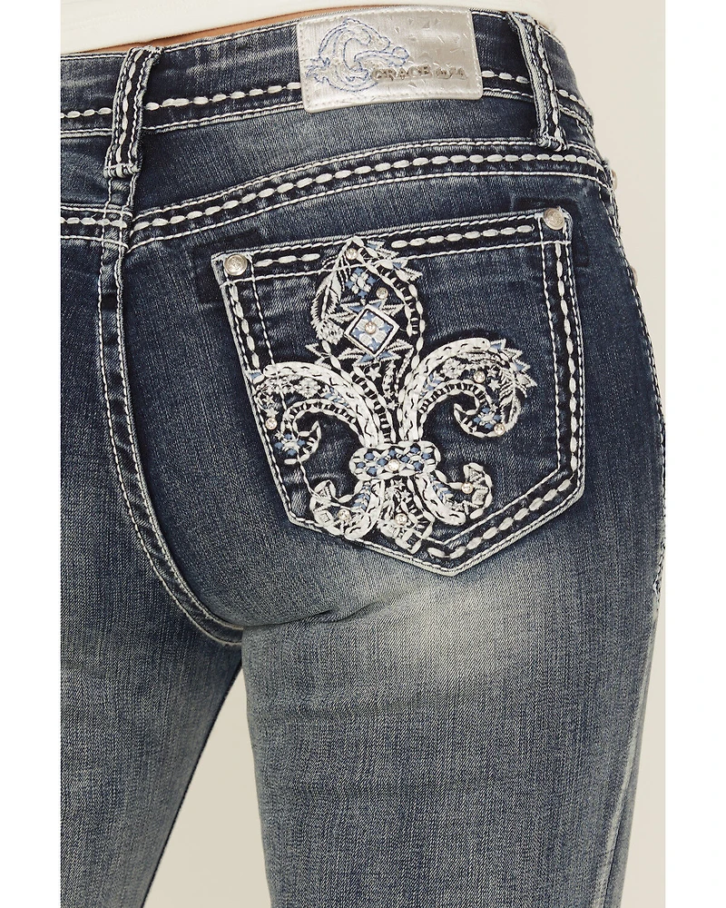 Grace LA Women's Medium Wash Fleur De Lis Embroidered Mid Rise Bootcut Stretch Denim Jeans