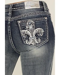 Grace LA Women's Medium Wash Fleur De Lis Embroidered Mid Rise Bootcut Stretch Denim Jeans