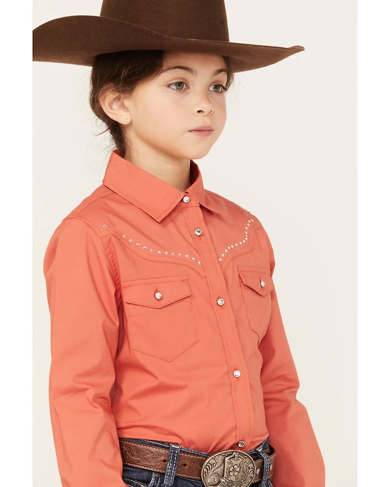 Shyanne Girls' Solid Long Sleeve Rhinestone Button-Down Stretch Western Riding Shirt