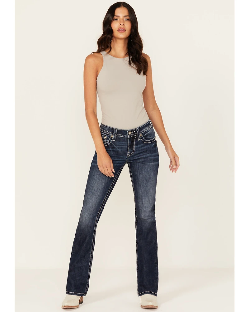Miss Me Women's Dark Wash Mid Rise Faux Flap Pocket 32" Bootcut Stretch Denim Jeans
