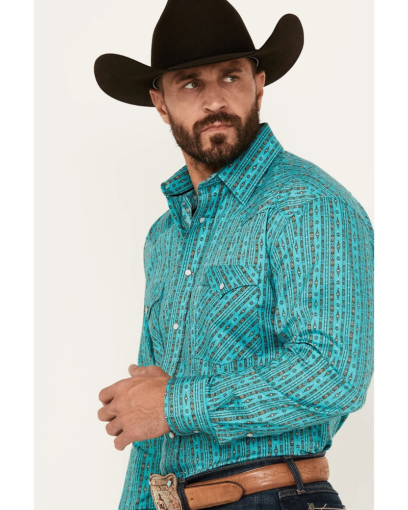 Rough Stock by Panhandle Men's Southwestern Striped Print Long Sleeve Pearl Snap Stretch Western Shirt
