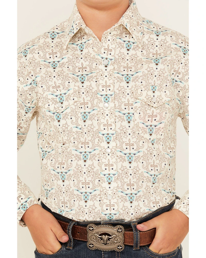 Rough Stock by Panhandle Boys' Steer Head Printed Long Sleeve Pearl Snap Western Shirt