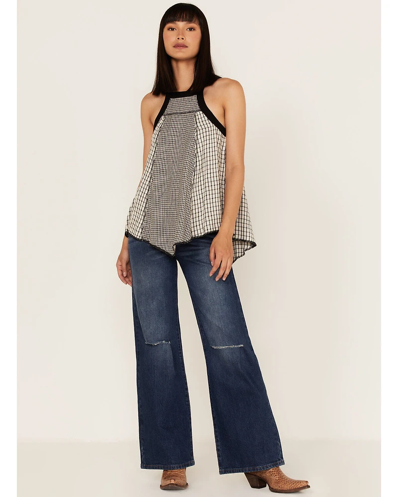 Cleo + Wolf Women's Grid Print Hanky Hem Halter Top