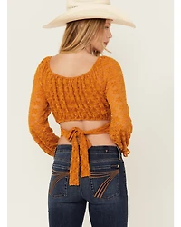 Beyond The Radar Women's Floral Lace Long Sleeve Tie Back Cropped Shirt