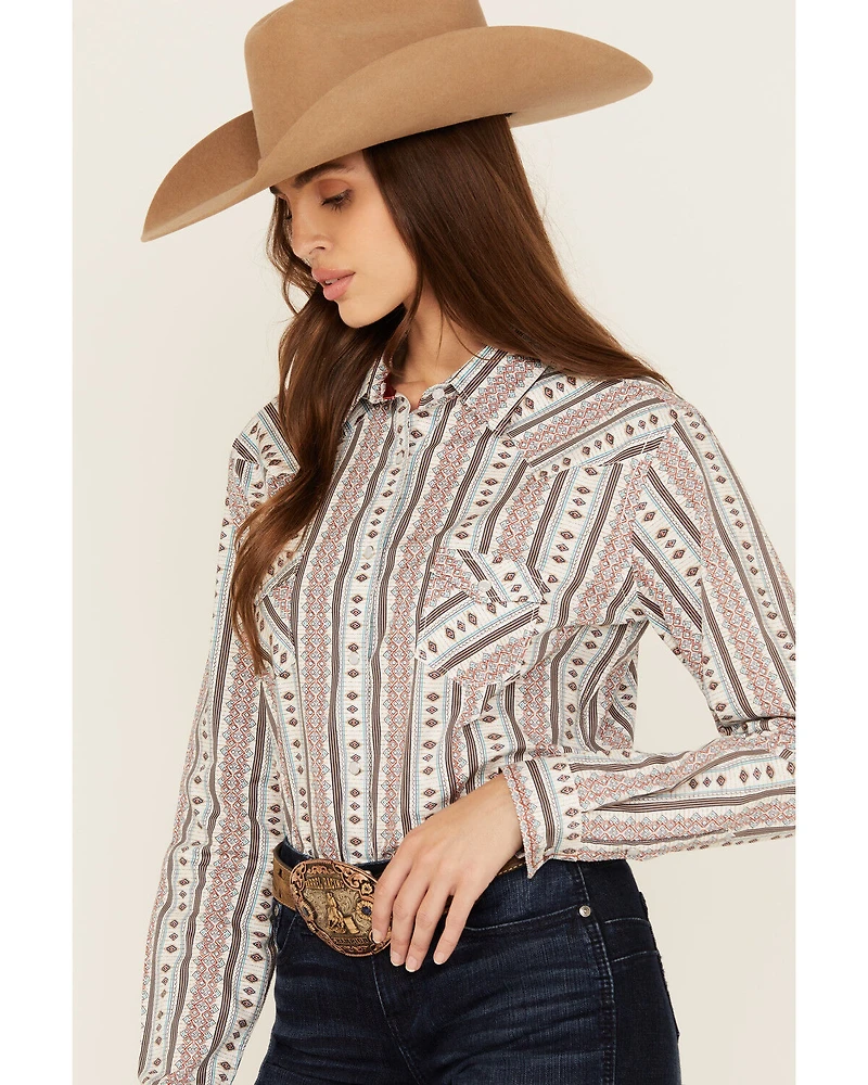 Rough Stock by Panhandle Women's Southwestern Striped Long Sleeve Pearl Snap Stretch Western Shirt