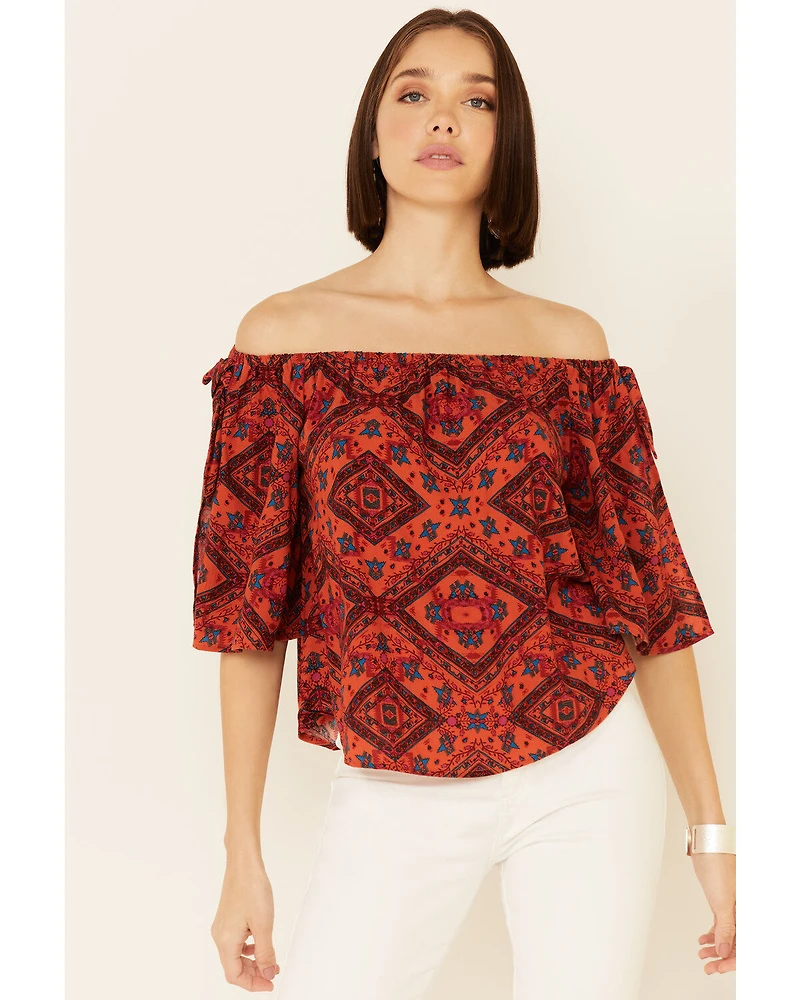 Shyanne Women's Chili Tile Print Tie Sleeve Off-Shoulder Top