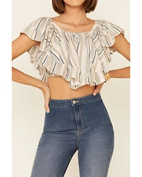 Angie Women's Stripe Butterfly Short Sleeve Crop Top