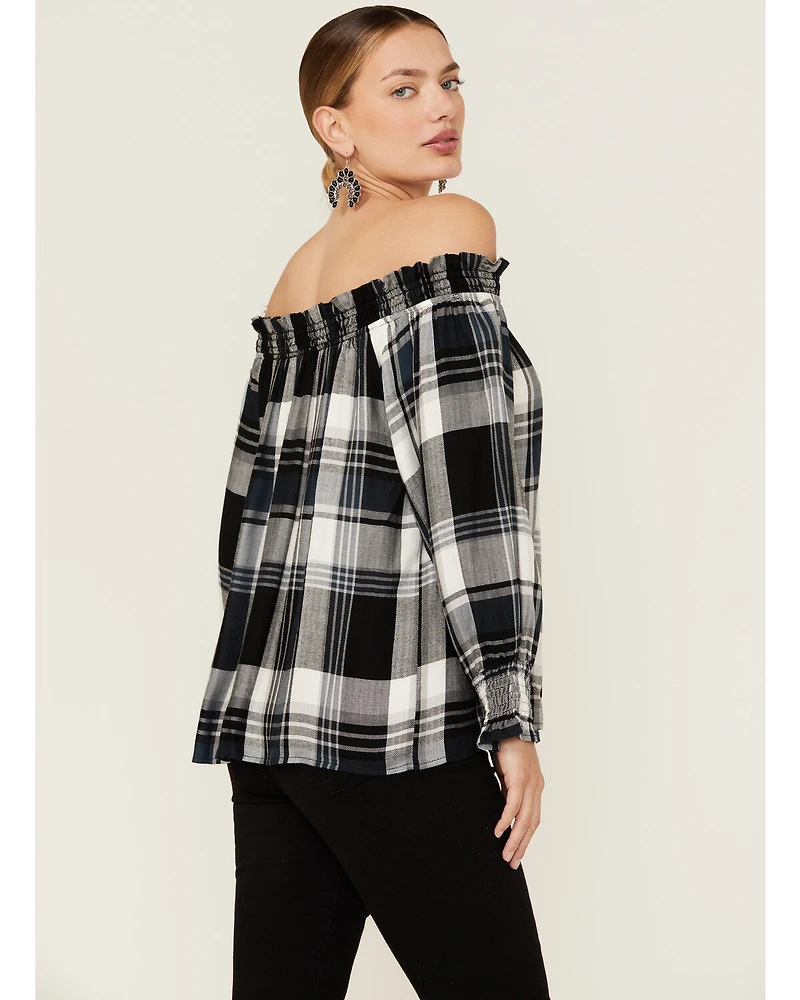 Wild Moss Women's Plaid Navy Off The Shoulder Top