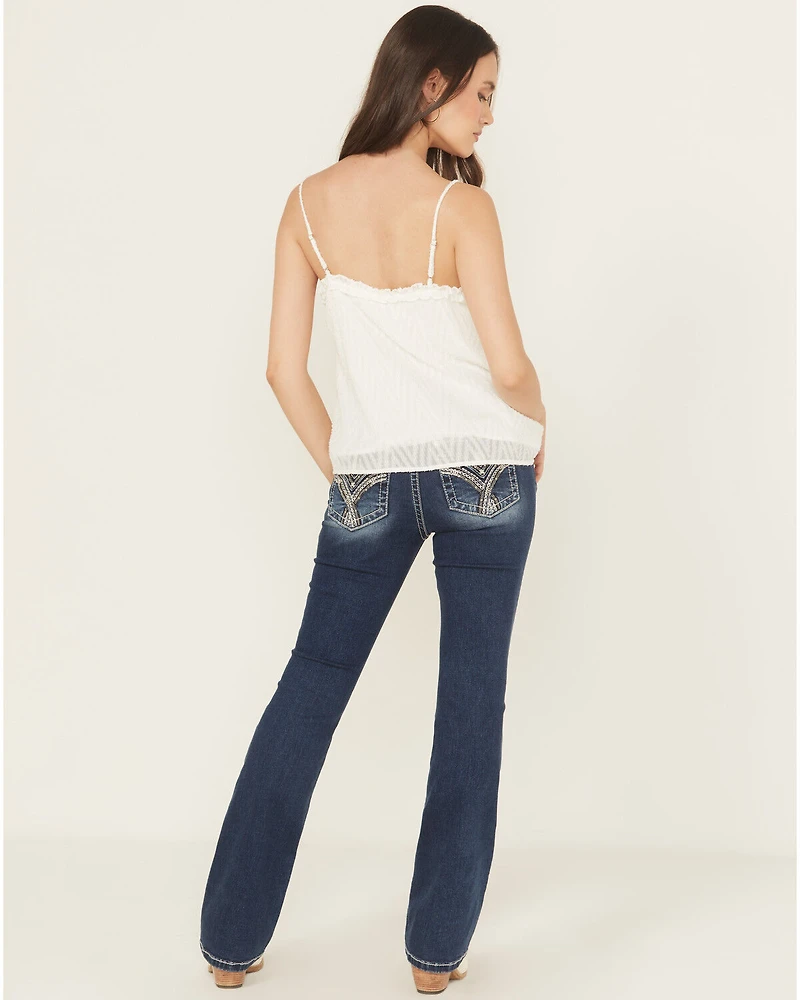 Miss Me Women's Dark Wash Mid Rise Embroidered Pocket 32" Bootcut Stretch Denim Jeans
