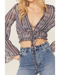 Wild Moss Women's Printed Tie Front Bell Sleeve Cropped Kimono
