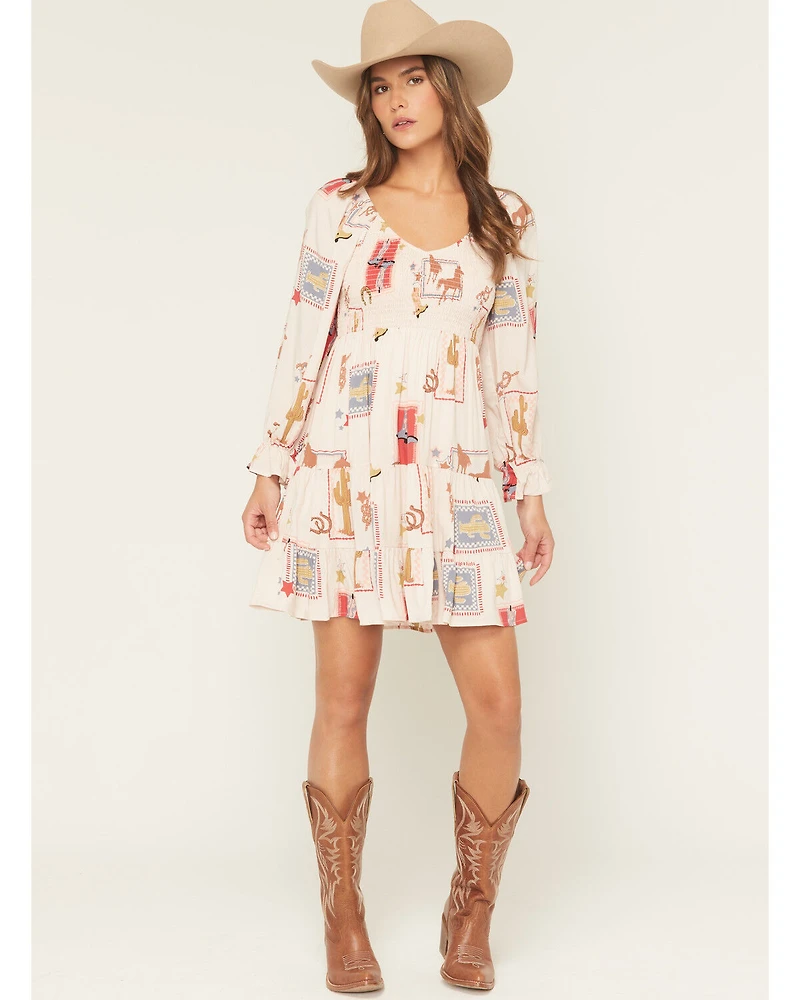 Blue B Women's Western Print Long Sleeve Mini Dress