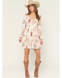 Blue B Women's Western Print Long Sleeve Mini Dress